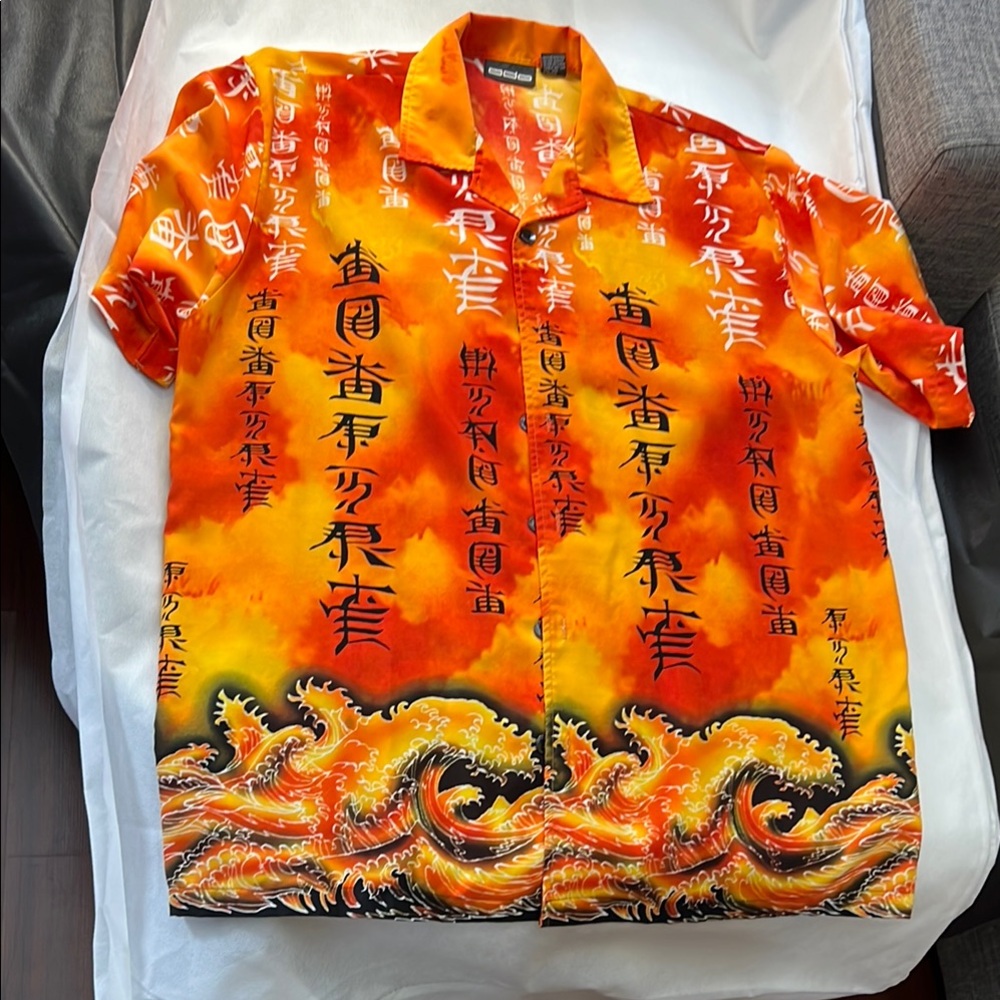 Vibrant Orange and Yellow Casual Button Down Shirt with Cultural Flair
